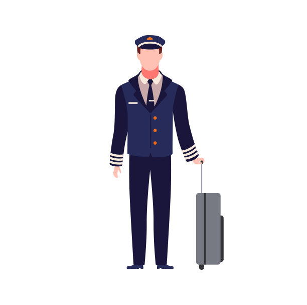 飞行员。年轻的队长飞机。男性飞机工作人员穿着深蓝色制服和带着行李的帽子，商务旅行飞行员，航空行业扁平矢量卡通孤立人物图片下载