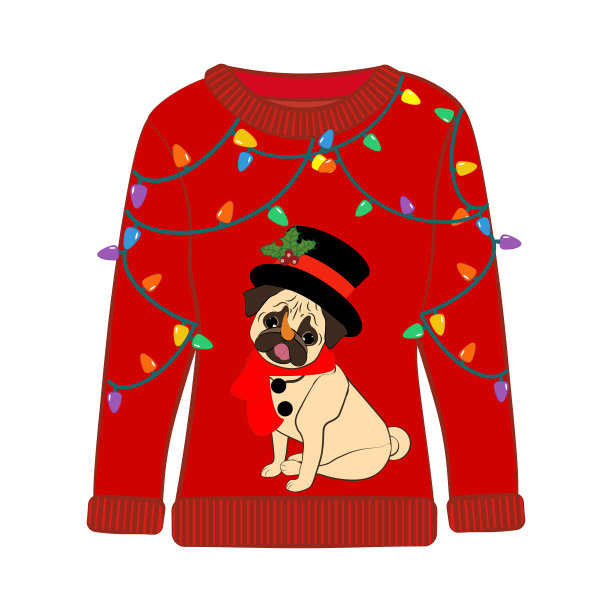 圣诞丑毛衣与哈巴狗在圣诞服装矢量插图图片下载