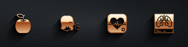 设置苹果，人咳嗽，心率和肺部x射线图标与长阴影。向量图片下载