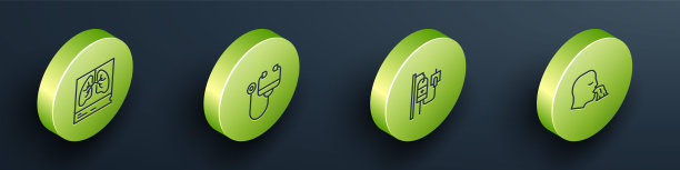 设置等距线肺x线，听诊器，静脉袋和呕吐男子图标。向量图片下载