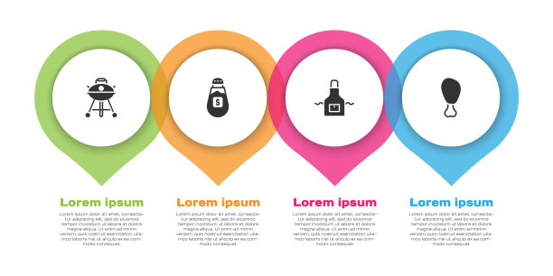 设置烧烤架，盐，厨房围裙和鸡腿。业务信息模板。向量图片下载