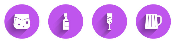 设置玻璃杯威士忌，香槟瓶，香槟和木制啤酒杯图标与长影子。向量图片下载