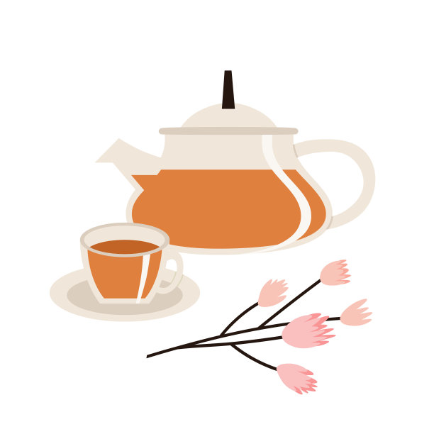 矢量说明的玻璃茶壶，一杯茶，和一支花孤立在白色背景。图片下载