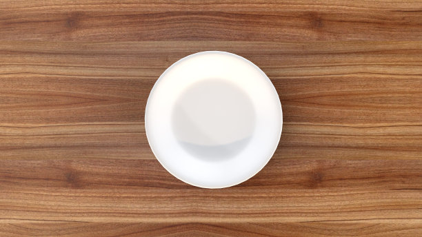 钢质餐具和盘子放在木质的背景上，旋转。三维渲染图片下载