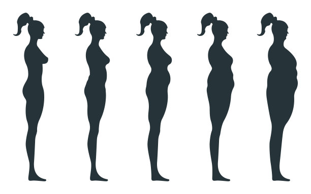 黑色视图侧体剪影，肥胖超重女性解剖人的性格，人假隔离在白色，平面矢量插图。不健康的生活方式。图片下载