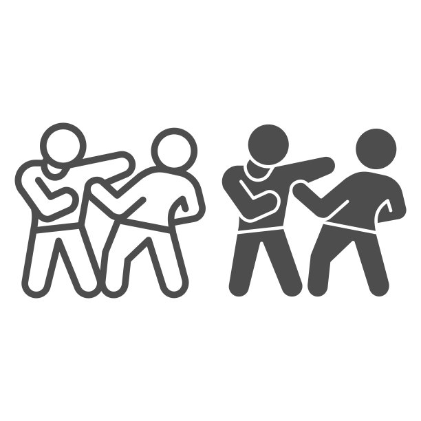 男子防卫自己从土匪线和固体图标，自卫概念，男子躲避打击在头部标志上的白色背景，犯罪分子攻击男子图标的轮廓风格。矢量图形。图片下载