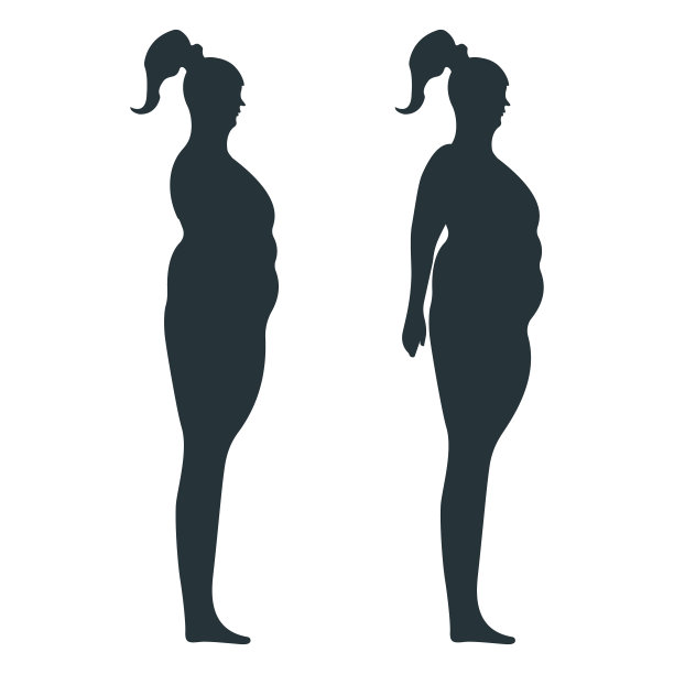 黑色视图侧体剪影，肥胖超重女性解剖人的性格，人假孤立在白色，平面矢量插图。不健康的生活方式。图片下载
