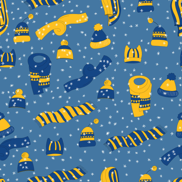 冬季无缝图案搭配冬季配饰:蓝色背景上的帽子和围巾。可爱的矢量冬季温暖针织服装卡通风格。圣诞矢量插图。假日设计面料，纺织品壁纸，海报，礼品包装纸。图片下载