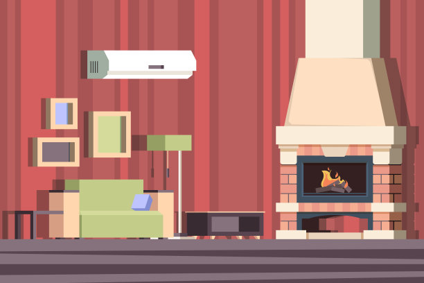 壁炉在室内。在房间里用沙发放松，靠近装饰好的壁炉矢量卡通背景图片下载