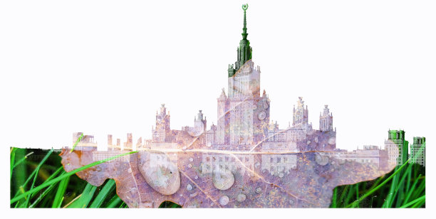 莫斯科的老大学的剪影充满了背景从湿的落叶与水珠孤立在白色的背景图片下载