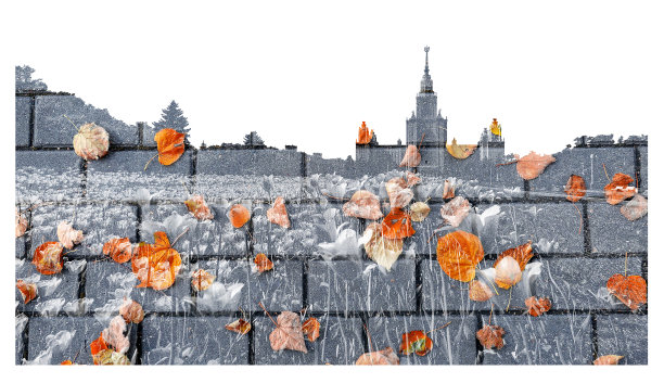 莫斯科老大学的剪影布满了砖石，金色的秋叶孤立在白色的背景上图片下载