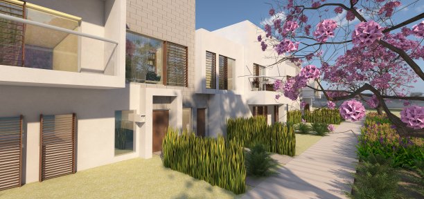 公寓房子外部街景的3d渲染图片下载