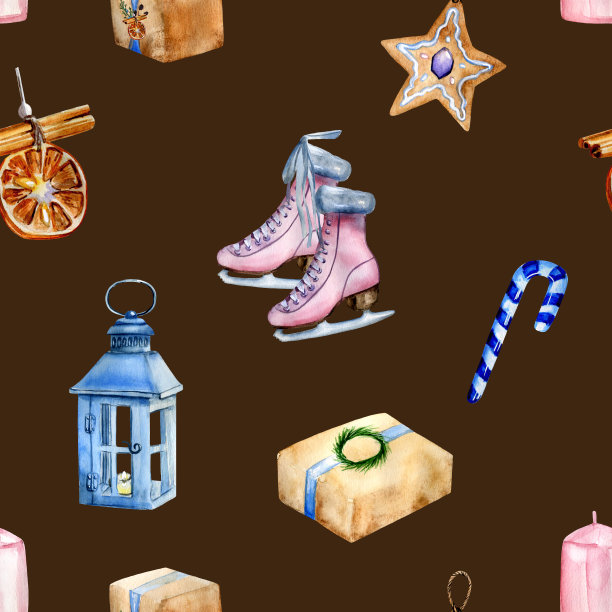 水彩手绘圣诞无缝模式包括烛台和溜冰鞋。图片下载
