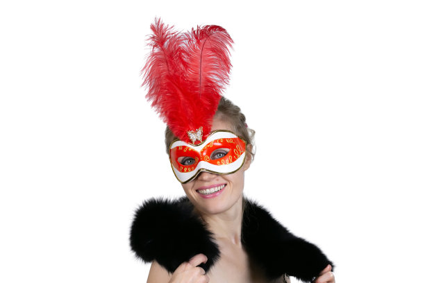 红色狂欢节面具与羽毛在白色的背景，孤立图片下载