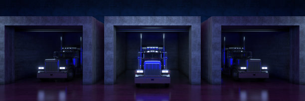 带卷帘门的重型卡车。三维渲染图片下载