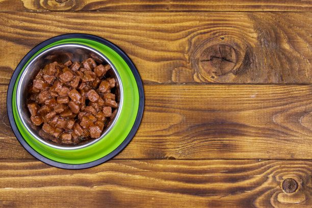 木制地板上的绿色金属碗装猫或狗的罐头食品。俯视图图片下载