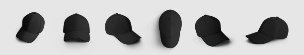 黑色纺织棒球帽运动的模型，正面，侧面，俯视图，带遮阳板的空白帽子，孤立的背景。图片下载