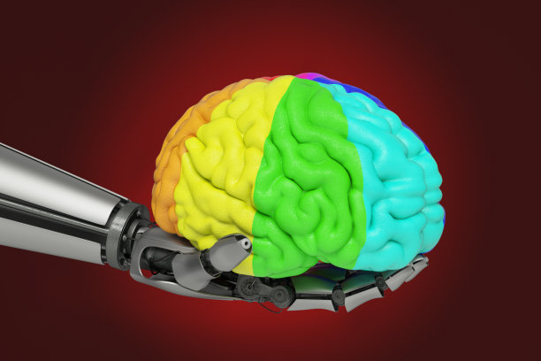 人工智能概念与机器人和彩色大脑图片下载