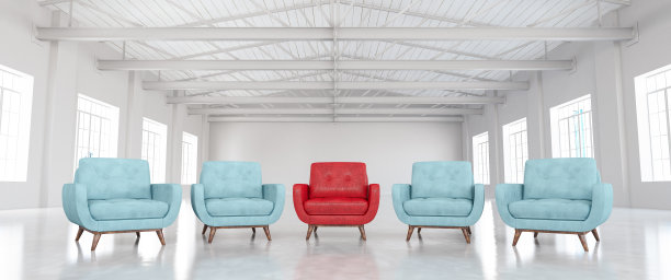 领导理念:空仓库里的红色不同扶手椅图片下载