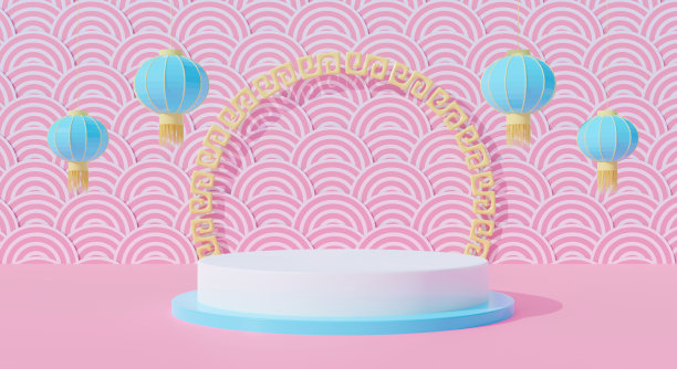 粉彩背景上的3d粉色讲台上挂着灯笼。春节快乐。创意最小。3d渲染广告，美容化妆品，展示产品模型设计。图片下载