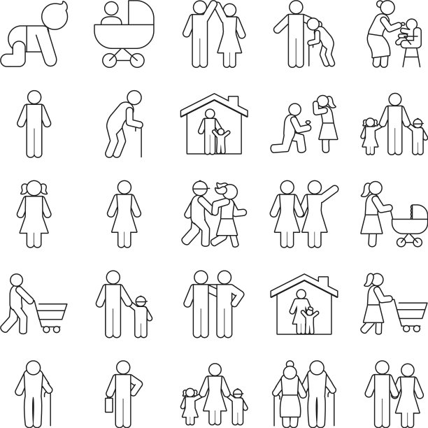 象形人物和家庭图标设置线条风格图片下载