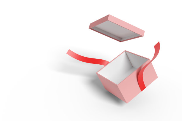 打开粉红色礼盒与红色蝴蝶结孤立在白色的背景。3 d演示。图片下载