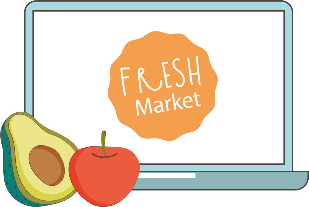 笔记本电脑，牛油果和苹果新鲜的有机产品图片下载