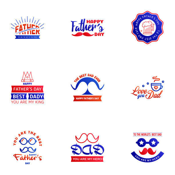 父亲节快乐卡片9蓝色和红色套装图片下载