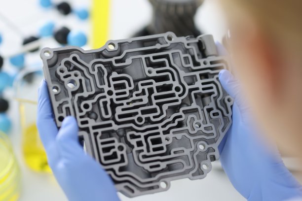 手在橡胶手套持有自动变速器在弯曲的观点图片下载