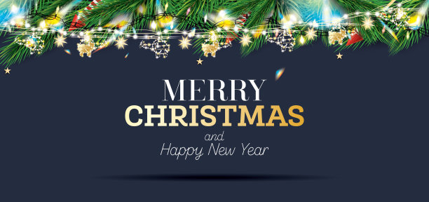 冷杉枝与霓虹灯和金色花环与直升机在蓝色背景。圣诞装饰与彩色闪烁。图片下载