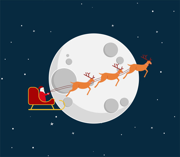 圣诞老人在雪橇和北方雪橇的背景下，满月在圣诞夜的天空。矢量插图的贺卡图片下载