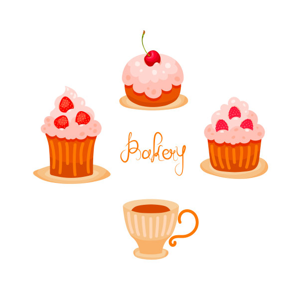 一套可爱的卡通纸杯蛋糕，有樱桃、草莓、覆盆子和一杯茶或咖啡。甜品设计概念孤立于白色之上。股票矢量插图面包店菜单，海报，标志，图标图片下载