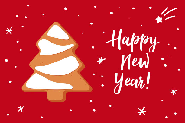 可爱舒适的圣诞或新年贺卡与姜饼。上面写着“新年快乐”。矢量股票插图准备打印。用于贺卡、海报、横幅图片下载