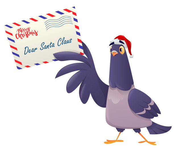 一只翅膀叼着信封的卡通鸽子。一套圣诞邮鸽。圣诞鸽子把邮件带给圣诞老人。带信的鸽子圣诞快乐。矢量图图片下载