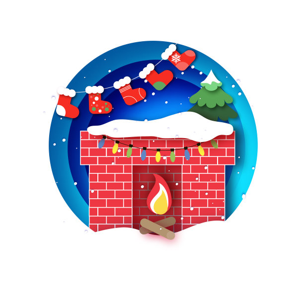 红砖壁炉与袜子和圣诞树。新年快乐装饰。冬天的假期。圣诞快乐，纸工艺品风格。图片下载