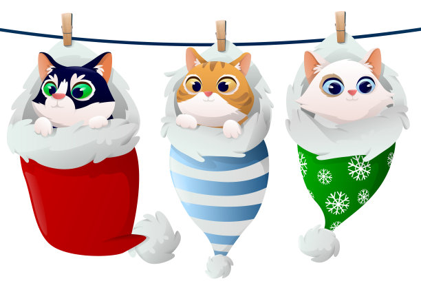 三只穿着圣诞袜的猫。快乐的猫睡在袜子和红色的袋子里。圣诞猫，圣诞快乐的冬季主题插图。矢量图图片下载
