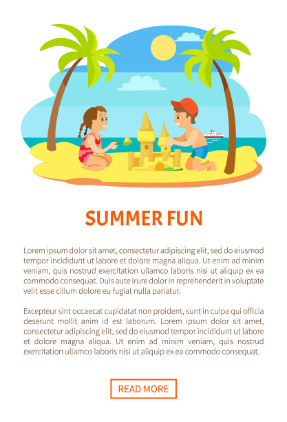 夏天的乐趣，孩子们在沙滩上制作沙堡图片下载