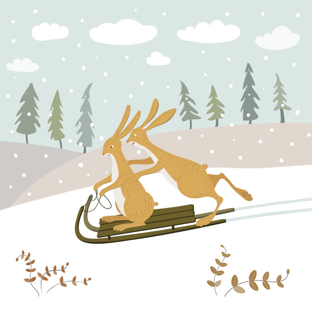 两只可爱的小兔子在冬天的森林里拉雪橇。兔子在玩耍，玩得很开心。图片下载