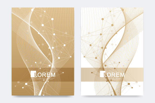 现代矢量模板的小册子，传单，传单，广告，封面，目录，杂志或年度报告在A4大小。金色的波浪。科学的金色控制点。行流丛。卡的表面。图片下载
