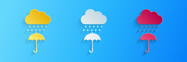 剪纸云与雨滴伞图标孤立在蓝色背景。纸艺术风格。向量素材图片