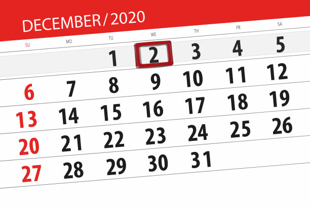 2020年12月的日历计划，截止日期，2日，星期三图片下载