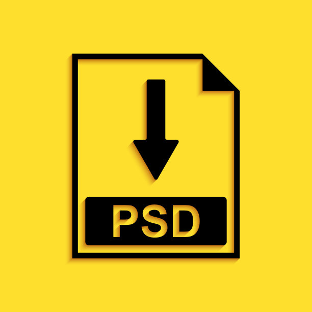 黑色PSD文件文档图标。下载PSD按钮图标隔离在黄色背景。长长的阴影风格。向量图片下载