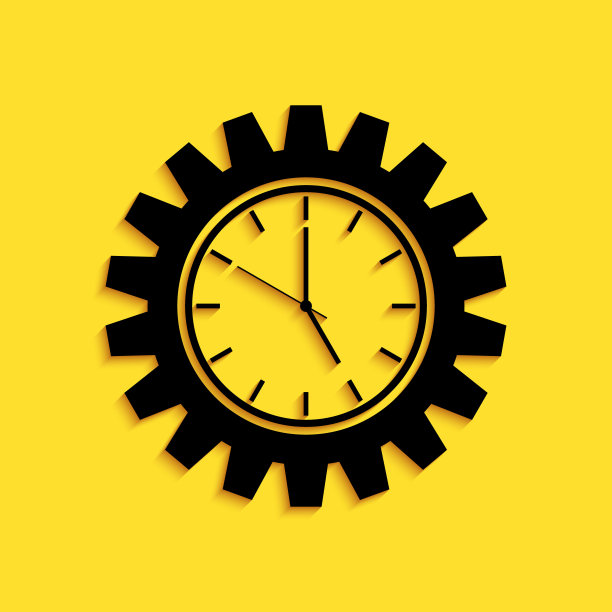 黑色时间管理图标隔离在黄色背景上。时钟和齿轮标志。生产力的象征。长长的阴影风格。向量图片下载