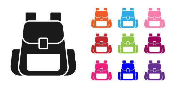 黑色远足背包图标孤立在白色背景。背包露营和山地探险。设置彩色图标。向量图片下载