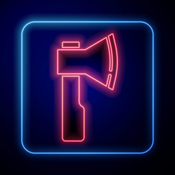 发光的霓虹灯木斧图标孤立在蓝色背景。伐木工人斧头。向量图片下载