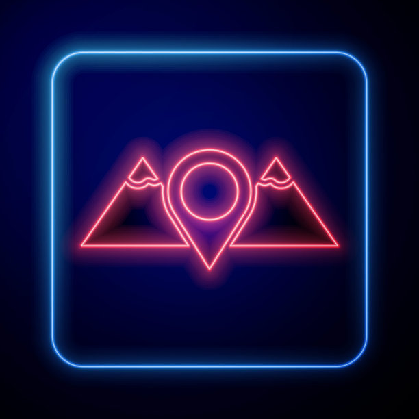 发光的霓虹灯位置山图标孤立在蓝色背景。象征胜利或成功的概念。向量图片下载