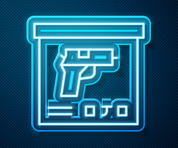 发光霓虹灯线军事弹药箱与一些弹药子弹图标隔离在蓝色背景。向量图片下载