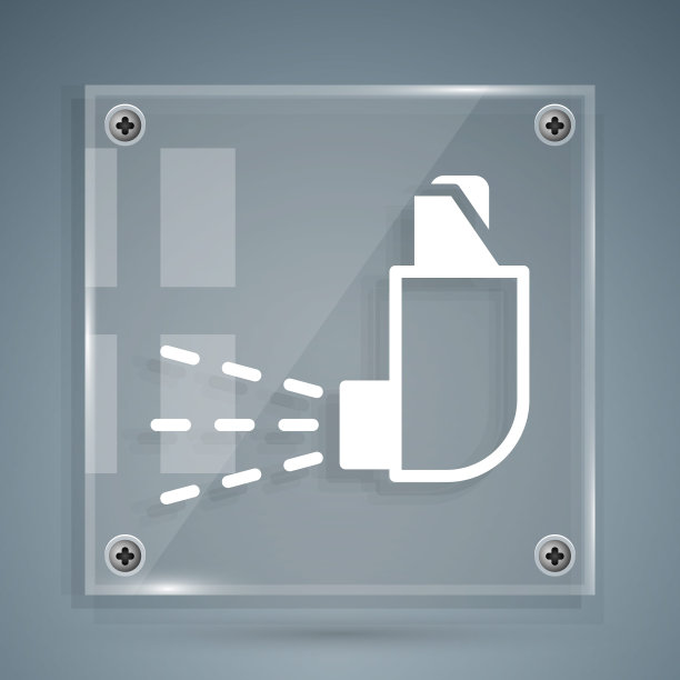 白色吸入器图标孤立在灰色背景。呼吸止咳，吸入，过敏患者。医用过敏哮喘吸入器喷雾剂。方形玻璃面板。向量图片下载