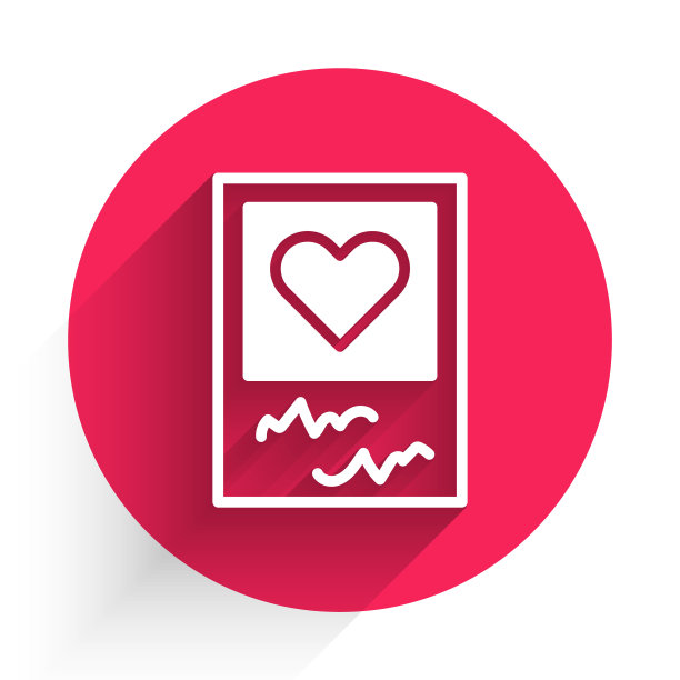 白色空白相框和心形图标孤立的长阴影。情人节的标志。红色圆圈按钮。向量图片下载