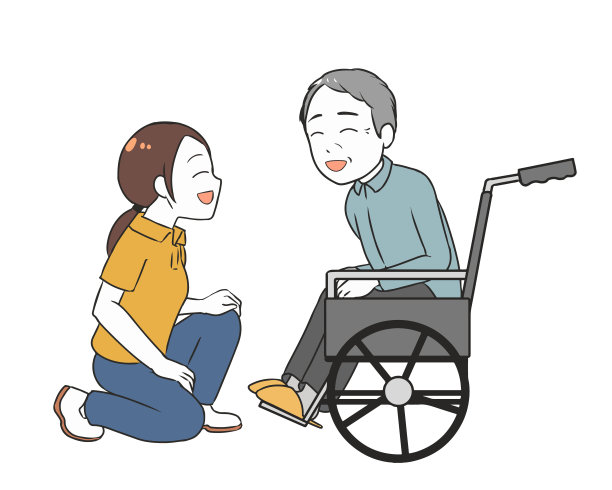 坐轮椅的老人，谈笑风生，还有女性看护图片下载